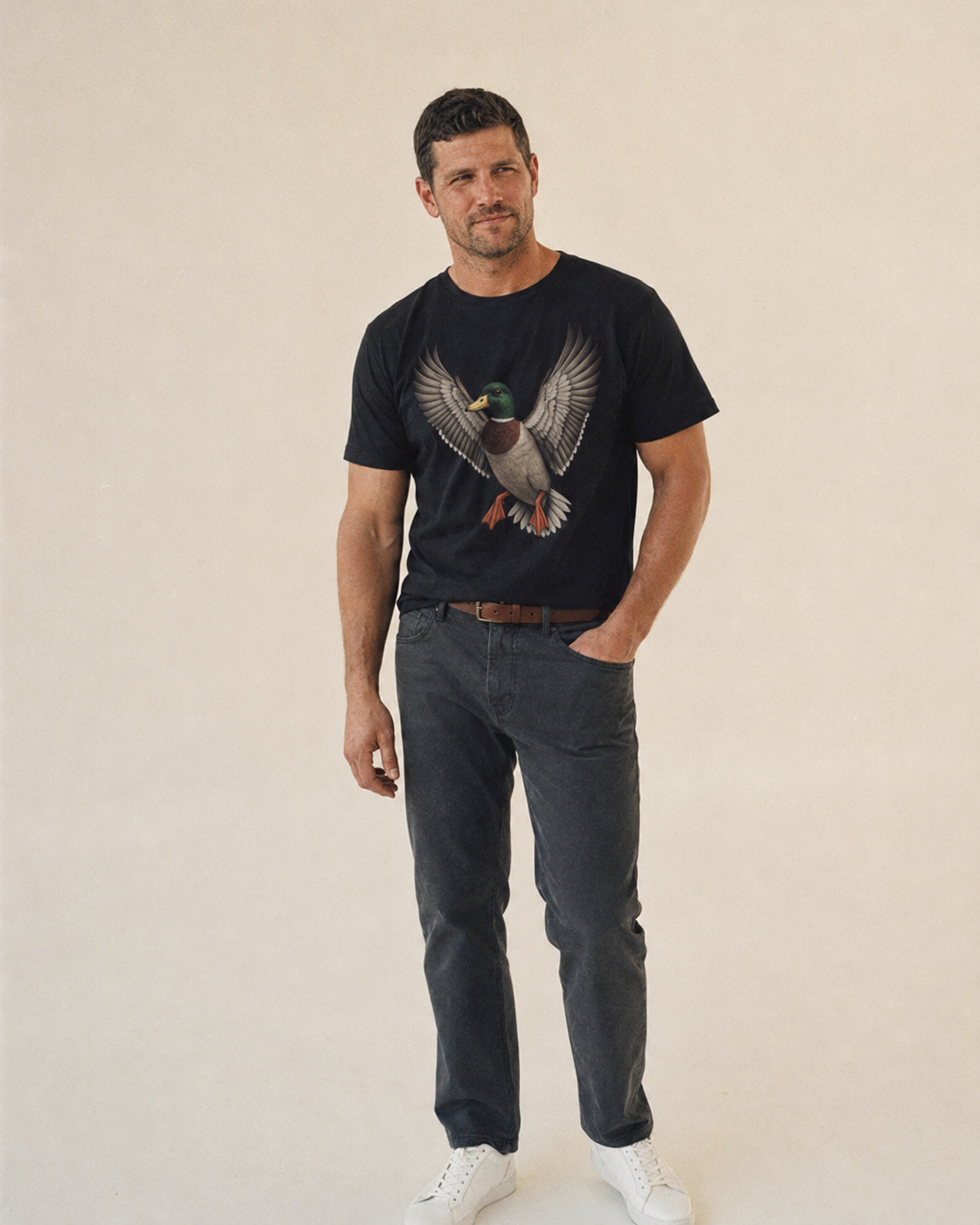 Mallard In Flight Classic T-shirt – studio model photo