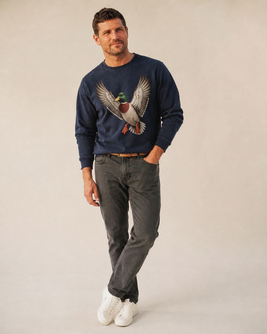 Mallard In Flight Fleece Sweatshirt – studio model photo