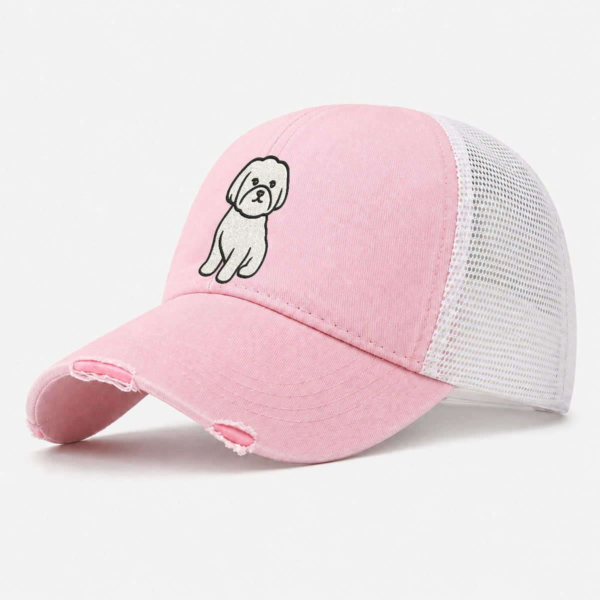 Maltese Pure White Fluffy Embroidered Design Washed Trucker Hat – Light Pink