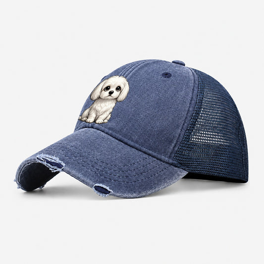 Maltese Sitting Sweetheart Washed Trucker Hat – Navy