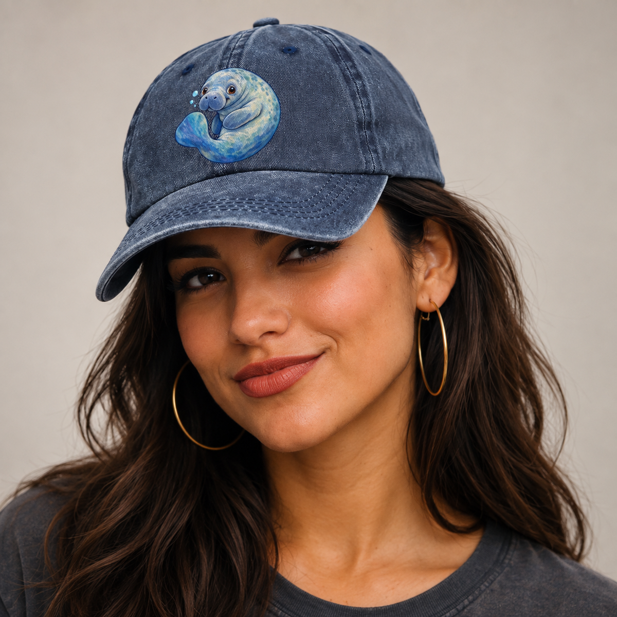 Manatee Curled Drift Sea Sprite Classic Cap — studio model wearing the hat