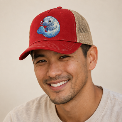 Manatee Curled Drift Sea Sprite Trucker Hat — studio model wearing the hat
