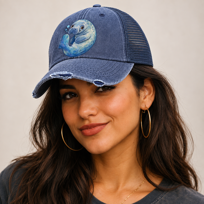Manatee Curled Drift Sea Sprite Washed Trucker Hat — studio model wearing the hat