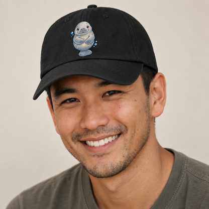 Manatee Front Flipper Hug Sea Sprite Baseball Cap — studio model wearing the hat