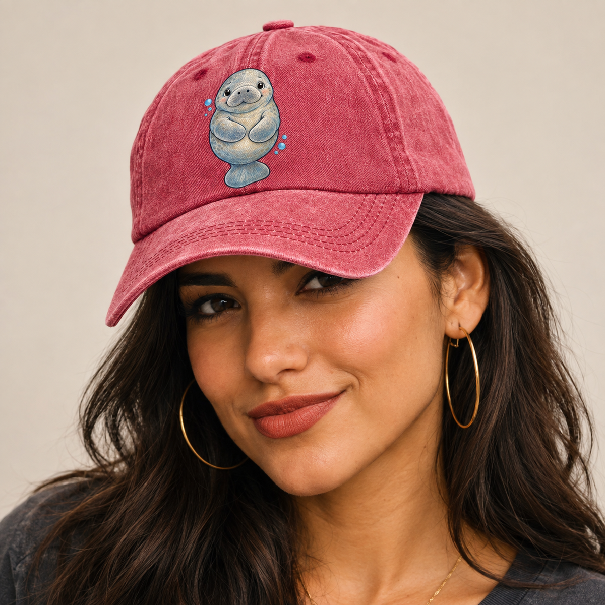 Manatee Front Flipper Hug Sea Sprite Classic Cap — studio model wearing the hat