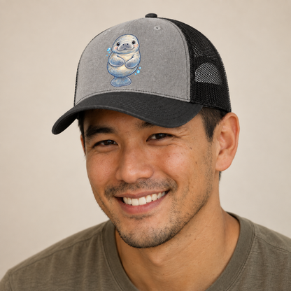 Manatee Front Flipper Hug Sea Sprite Trucker Hat — studio model wearing the hat