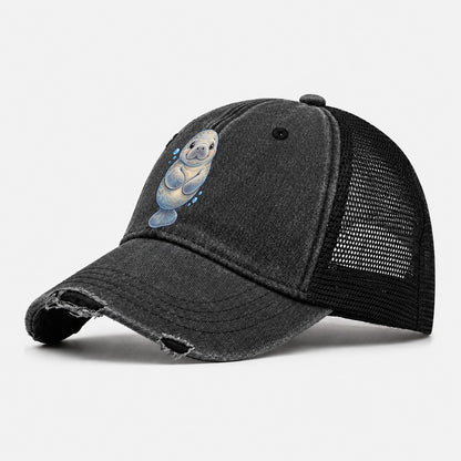 Manatee Front Flipper Hug Sea Sprite Washed Trucker Hat – Black