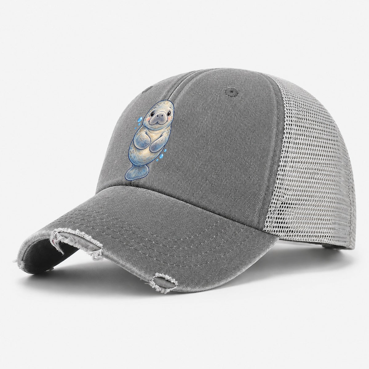 Manatee Front Flipper Hug Sea Sprite Washed Trucker Hat – Grey
