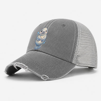 Manatee Front Flipper Hug Sea Sprite Washed Trucker Hat – Grey