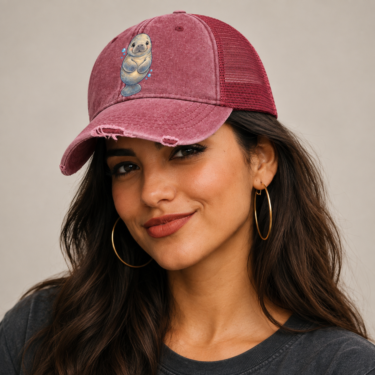 Manatee Front Flipper Hug Sea Sprite Washed Trucker Hat — studio model wearing the hat
