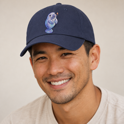 Manatee Upward Float Sea Sprite Baseball Cap — studio model wearing the hat