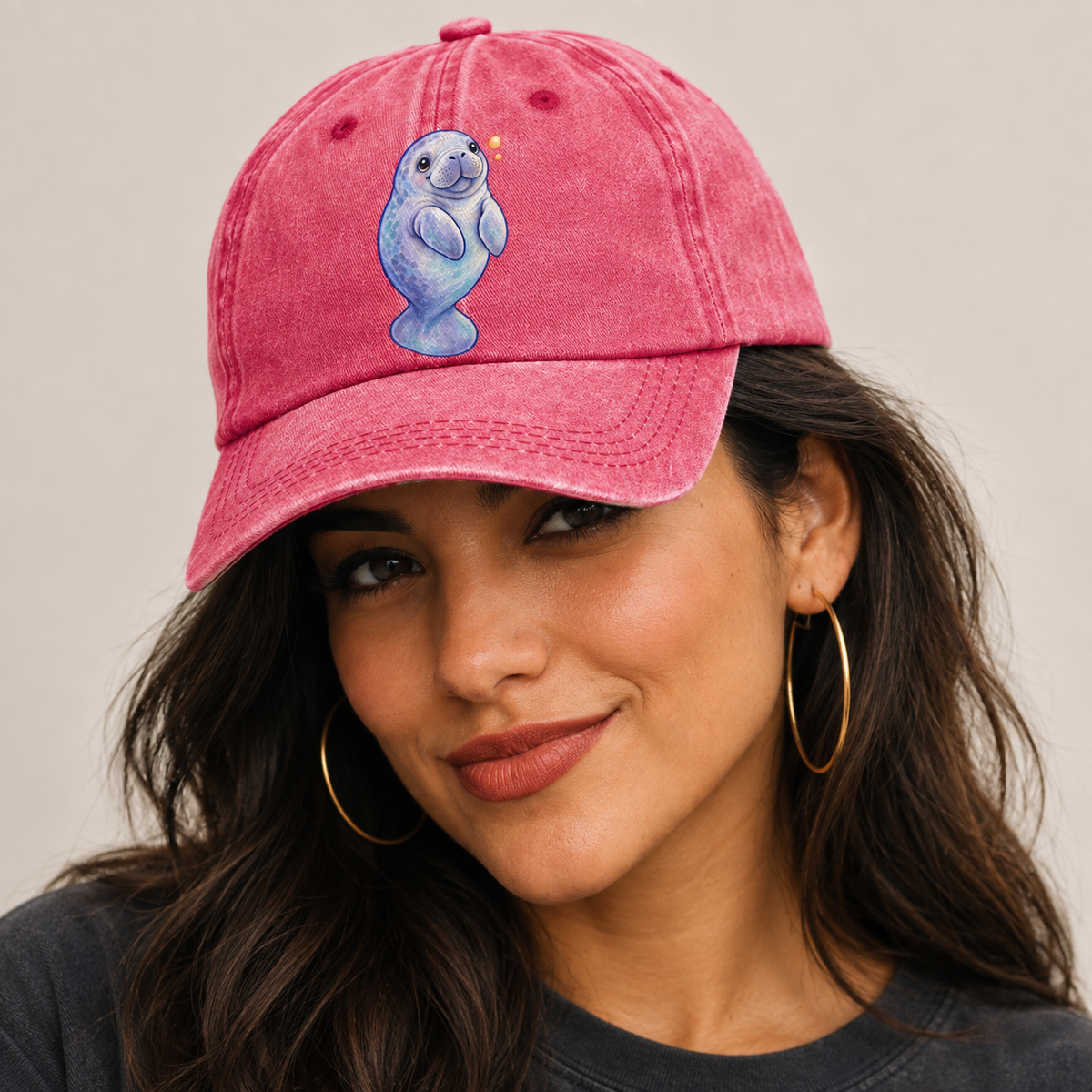 Manatee Upward Float Sea Sprite Classic Cap — studio model wearing the hat