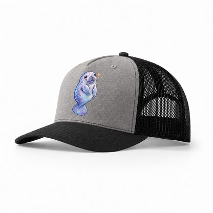 Manatee Upward Float Sea Sprite Trucker Hat – Grey Black