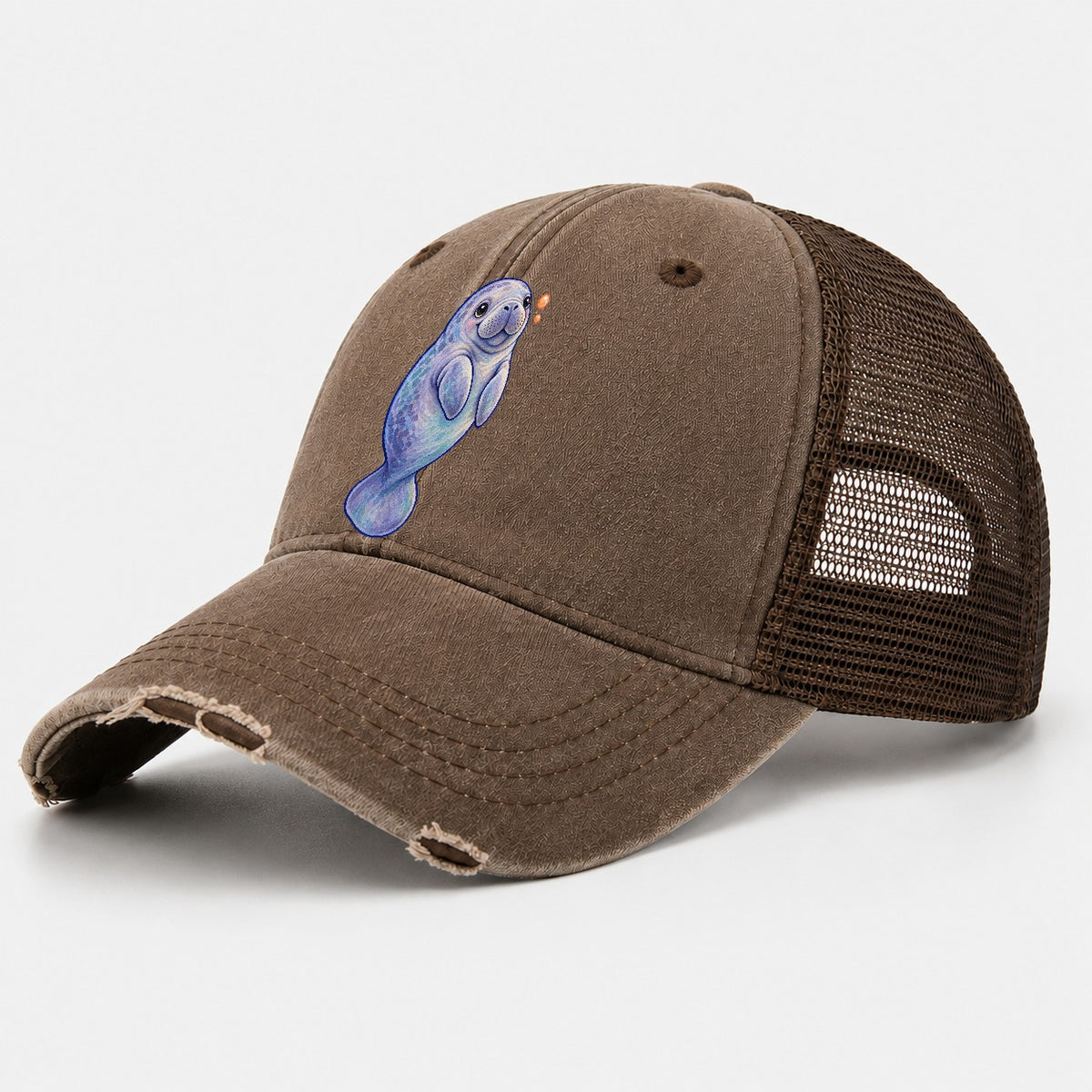 Manatee Upward Float Sea Sprite Washed Trucker Hat – Coffee