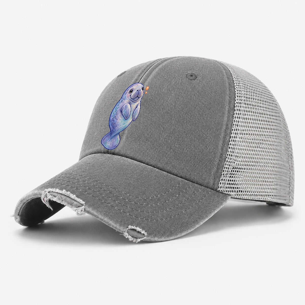 Manatee Upward Float Sea Sprite Washed Trucker Hat – Grey
