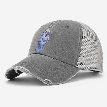 Manatee Upward Float Sea Sprite Washed Trucker Hat – Grey