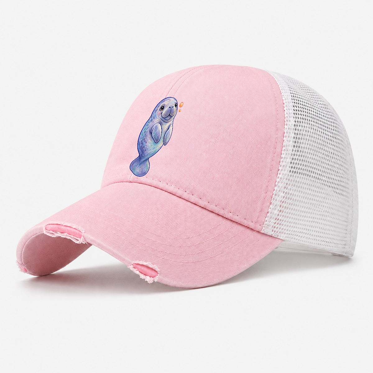 Manatee Upward Float Sea Sprite Washed Trucker Hat – Light Pink