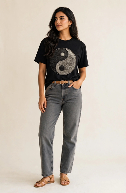 Mandala Yin Yang Pattern Classic T-shirt – studio model photo