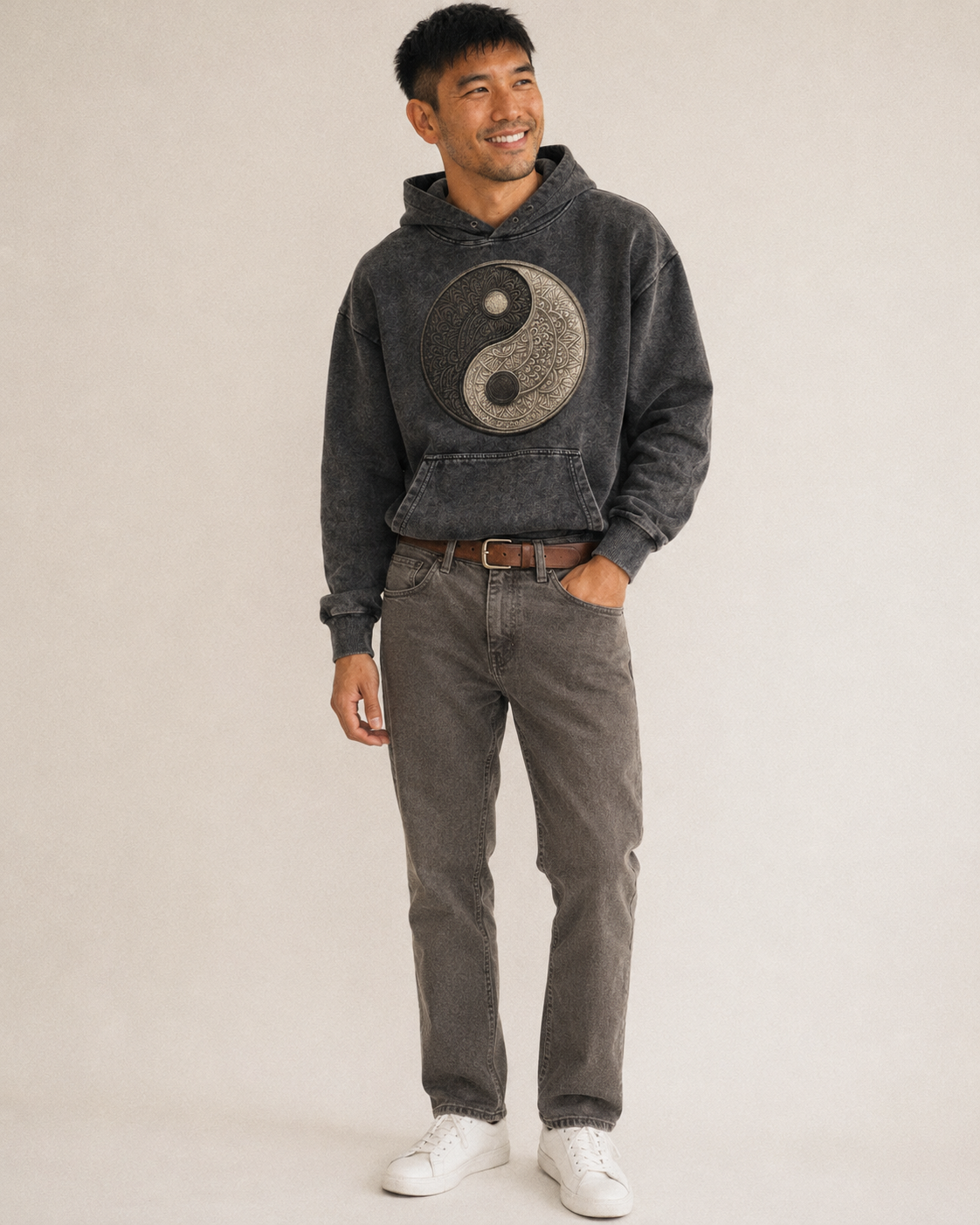 Mandala Yin Yang Pattern Vintage Washed Hoodie – studio model photo