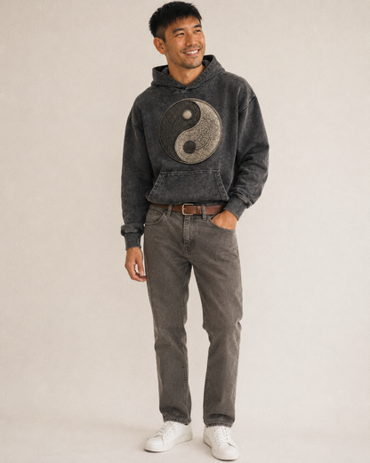Mandala Yin Yang Pattern Vintage Washed Hoodie – studio model photo