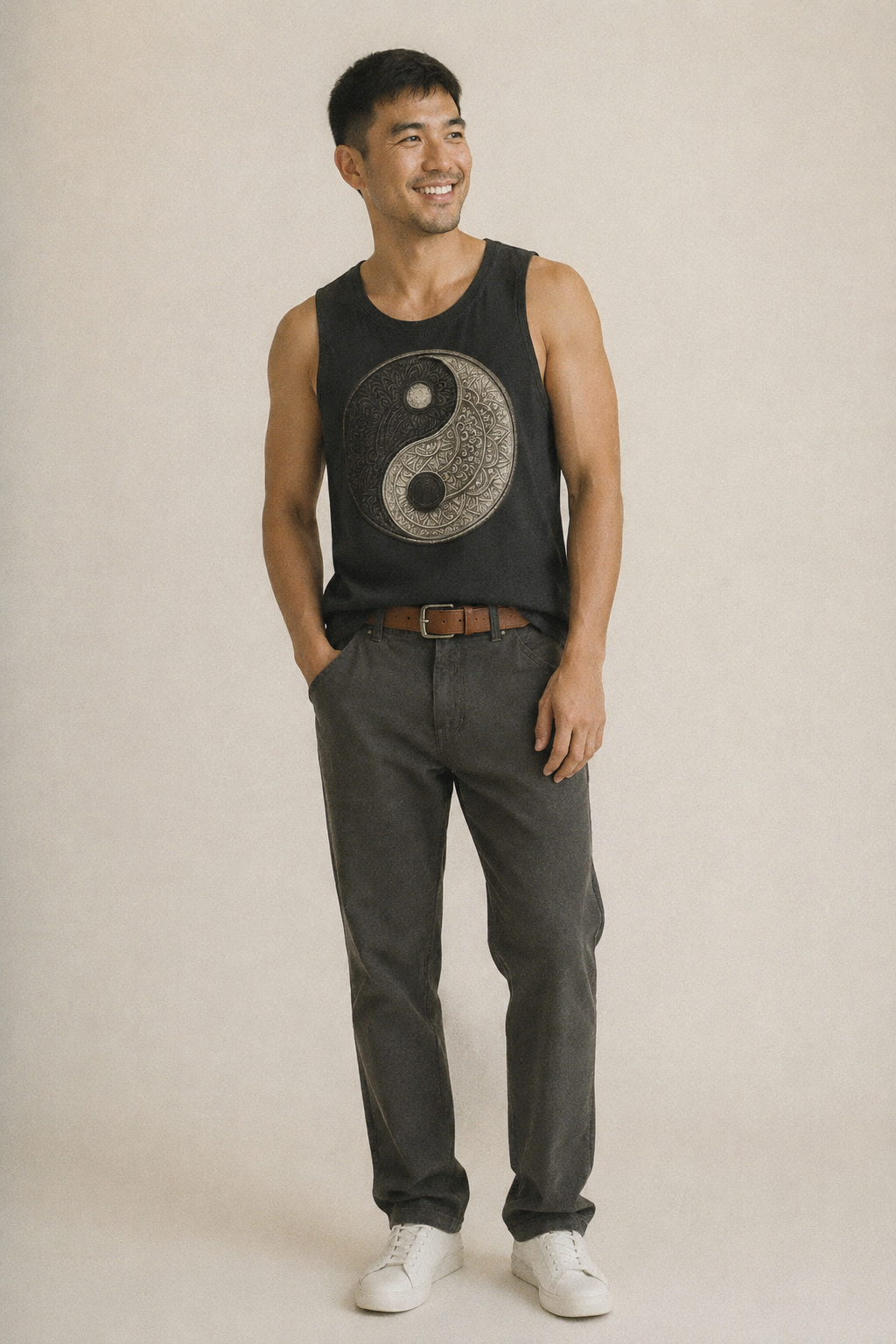 Mandala Yin Yang Pattern Vintage Washed Tank – studio model photo