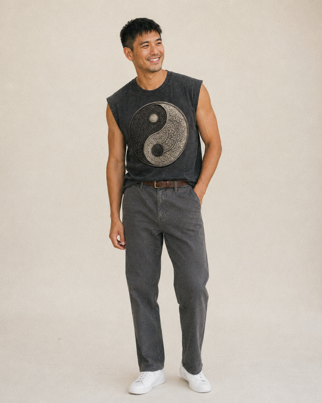 Mandala Yin Yang Pattern Vintage Washed Tank – studio model photo