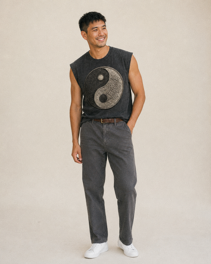 Mandala Yin Yang Pattern Vintage Washed Tank – studio model photo
