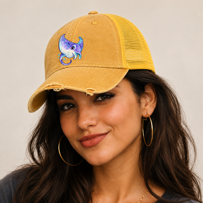 Manta Ray Barrel Turn Sea Sprite Washed Trucker Hat — studio model wearing the hat