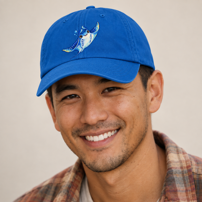 Manta Ray Upward Glide Sea Sprite Baseball Cap — studio model wearing the hat