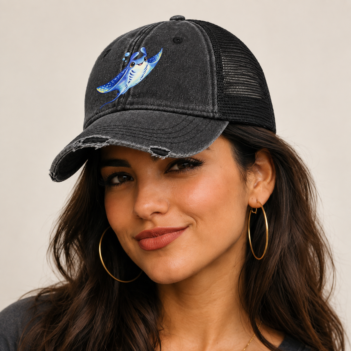 Manta Ray Upward Glide Sea Sprite Washed Trucker Hat — studio model wearing the hat