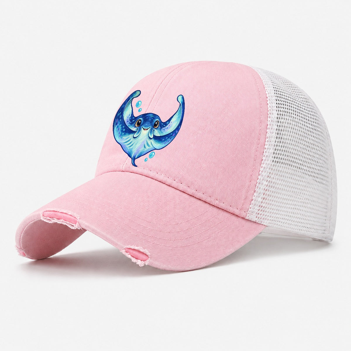 Manta Ray Wing Hug Sea Sprite Washed Trucker Hat – Light Pink