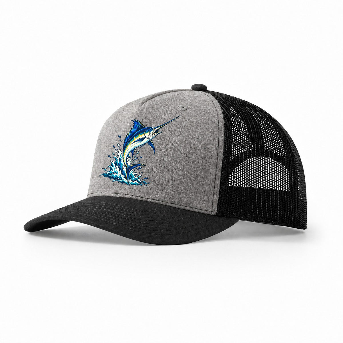 Marlin Leap Fishing Elegant Trucker Hat – Grey Black