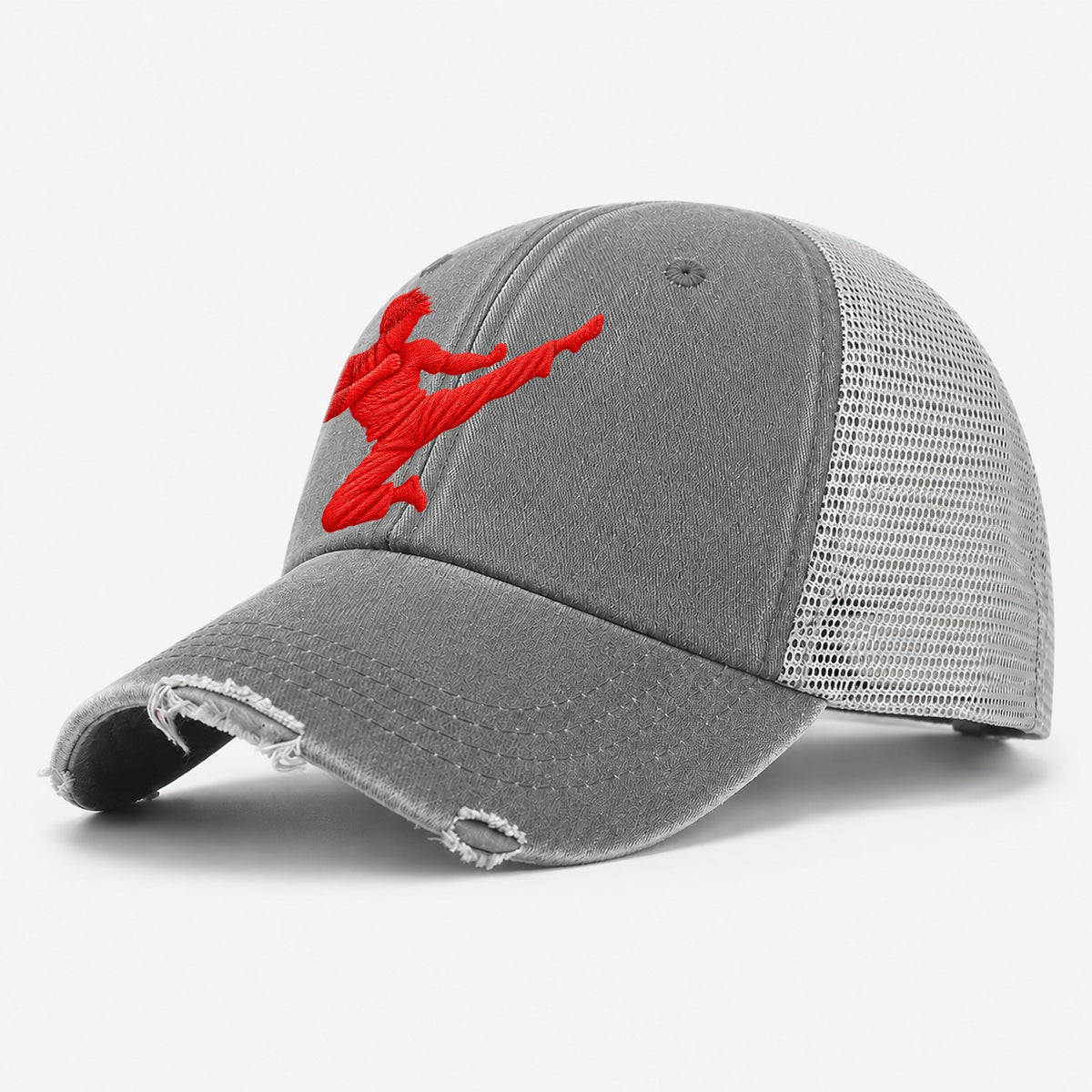 Martial Artist Flying Side Kick Micro Motion Mark Washed Trucker Hat – Grey