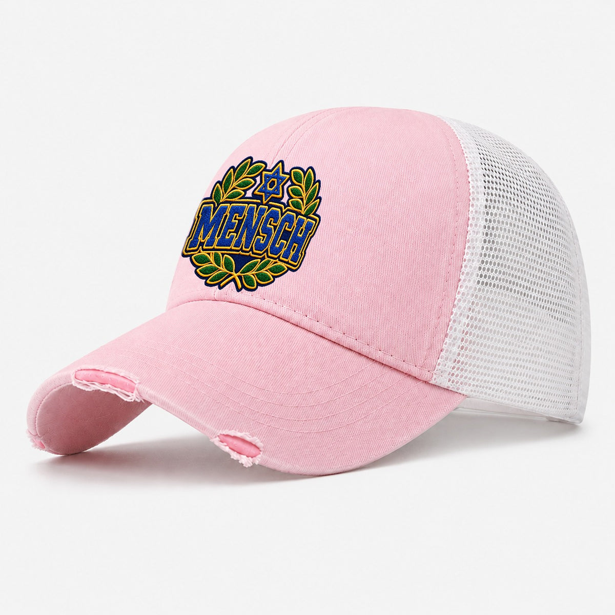 Mensch Badge Judaism Heritage Washed Trucker Hat – Light Pink