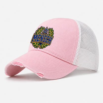 Mensch Badge Judaism Heritage Washed Trucker Hat – Light Pink