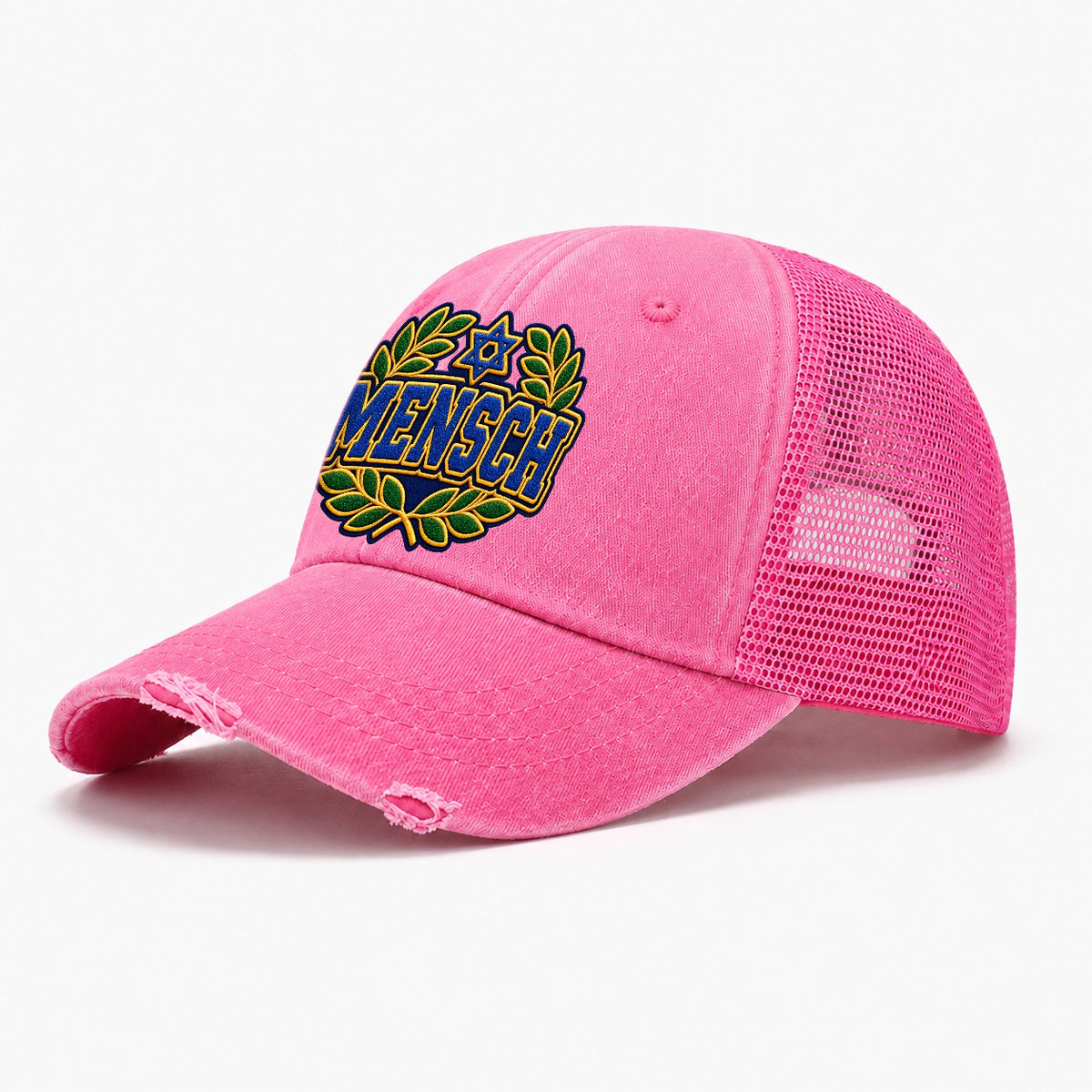 Mensch Badge Judaism Heritage Washed Trucker Hat – Rose
