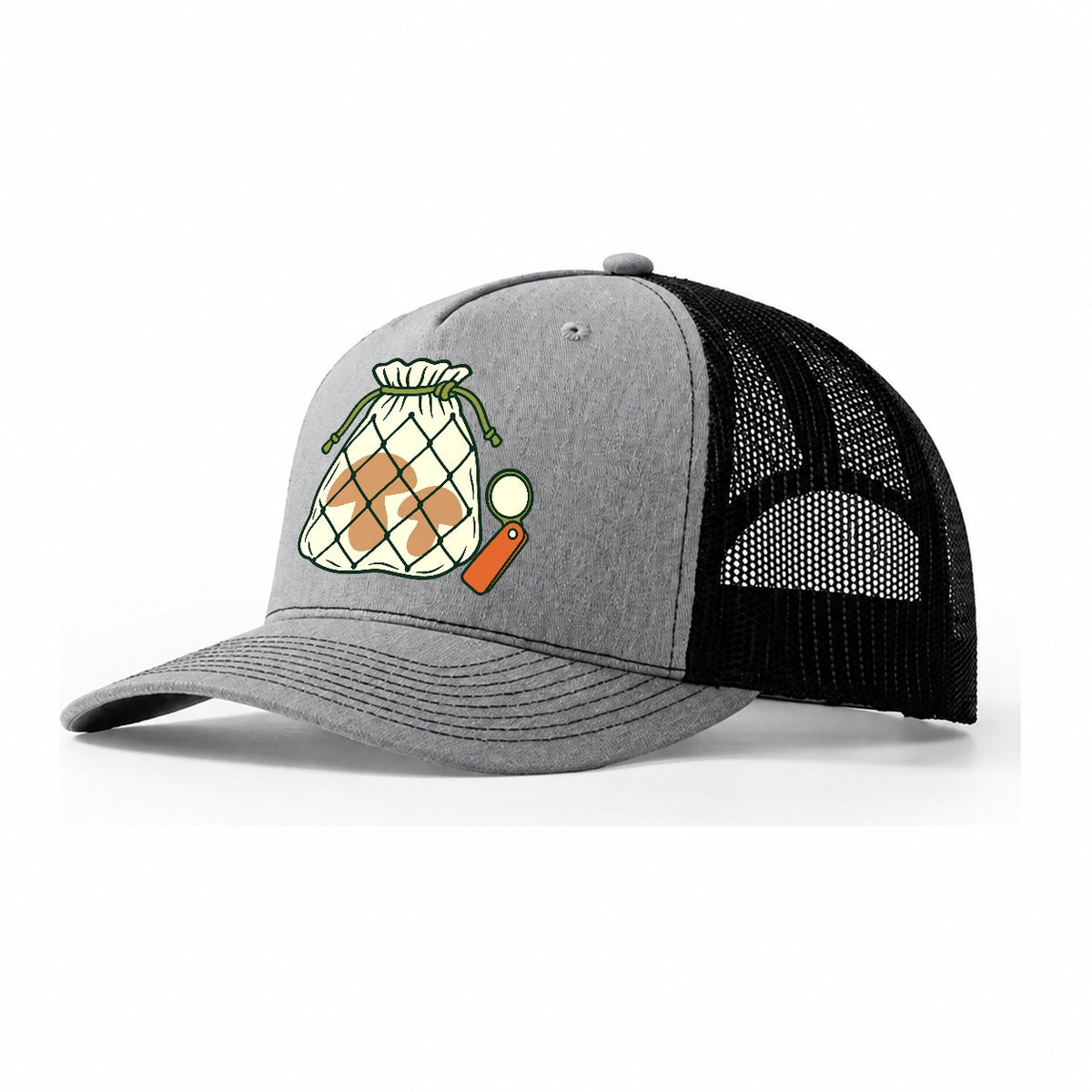 Mesh Bag And Hand Lens Foraging And Mycology Trucker Hat – Sport Grey Black