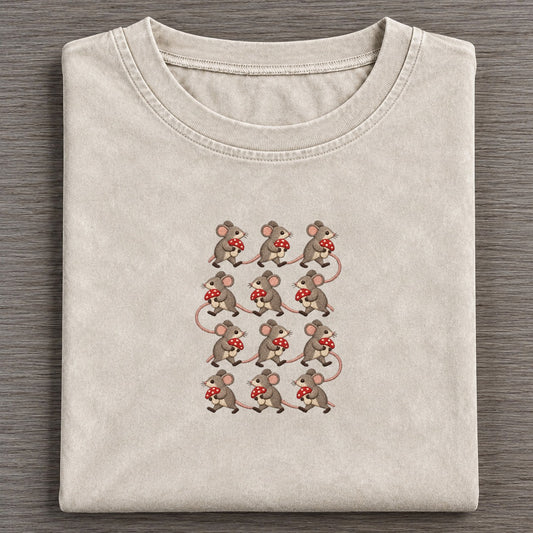 Mice With Mushrooms Single File Vintage T-shirt – Off White
