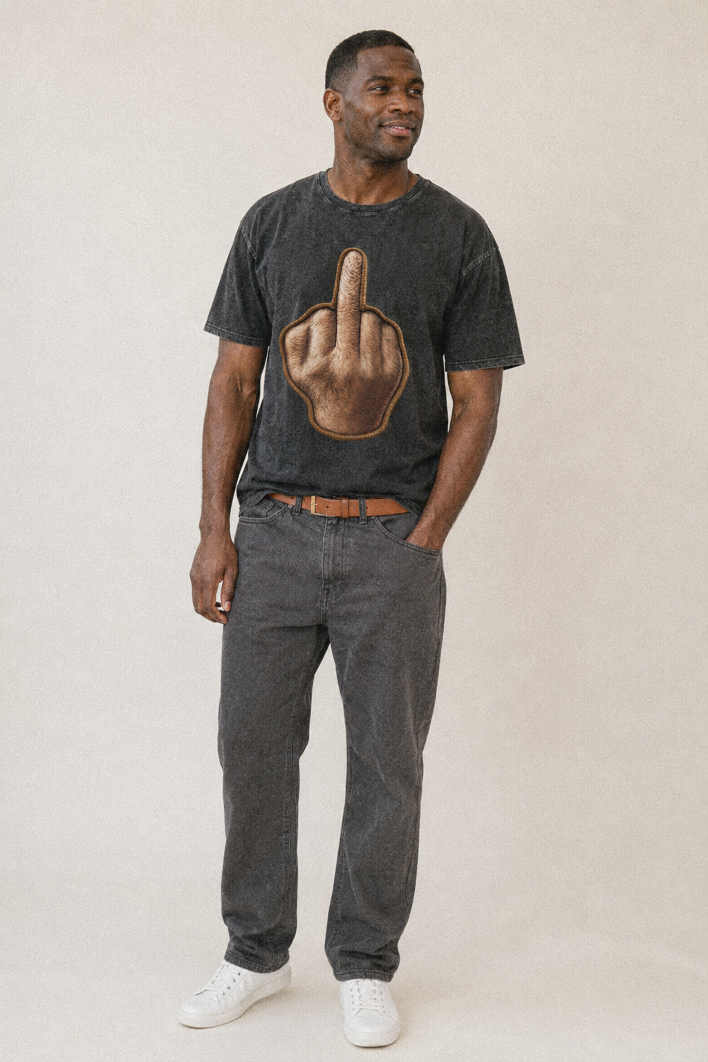 MIDDLE FINGER - hand gesture in skin tone , attitude - Vintage T-shirt – studio model photo
