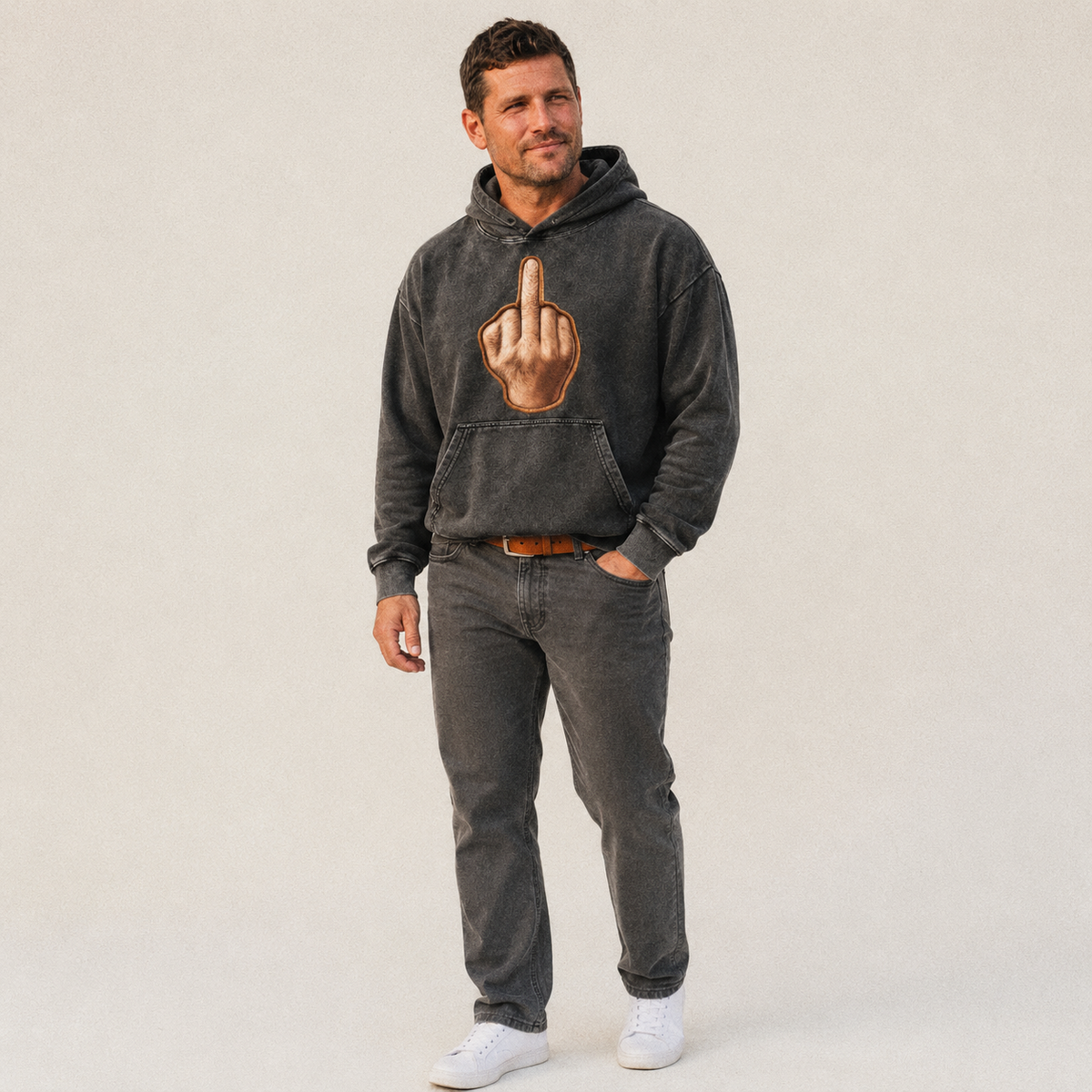 Middle Finger Hand Gesture In Skin Tone Attitude Vintage Washed Hoodie – studio model photo