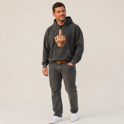 Middle Finger Hand Gesture In Skin Tone Attitude Vintage Washed Hoodie – studio model photo