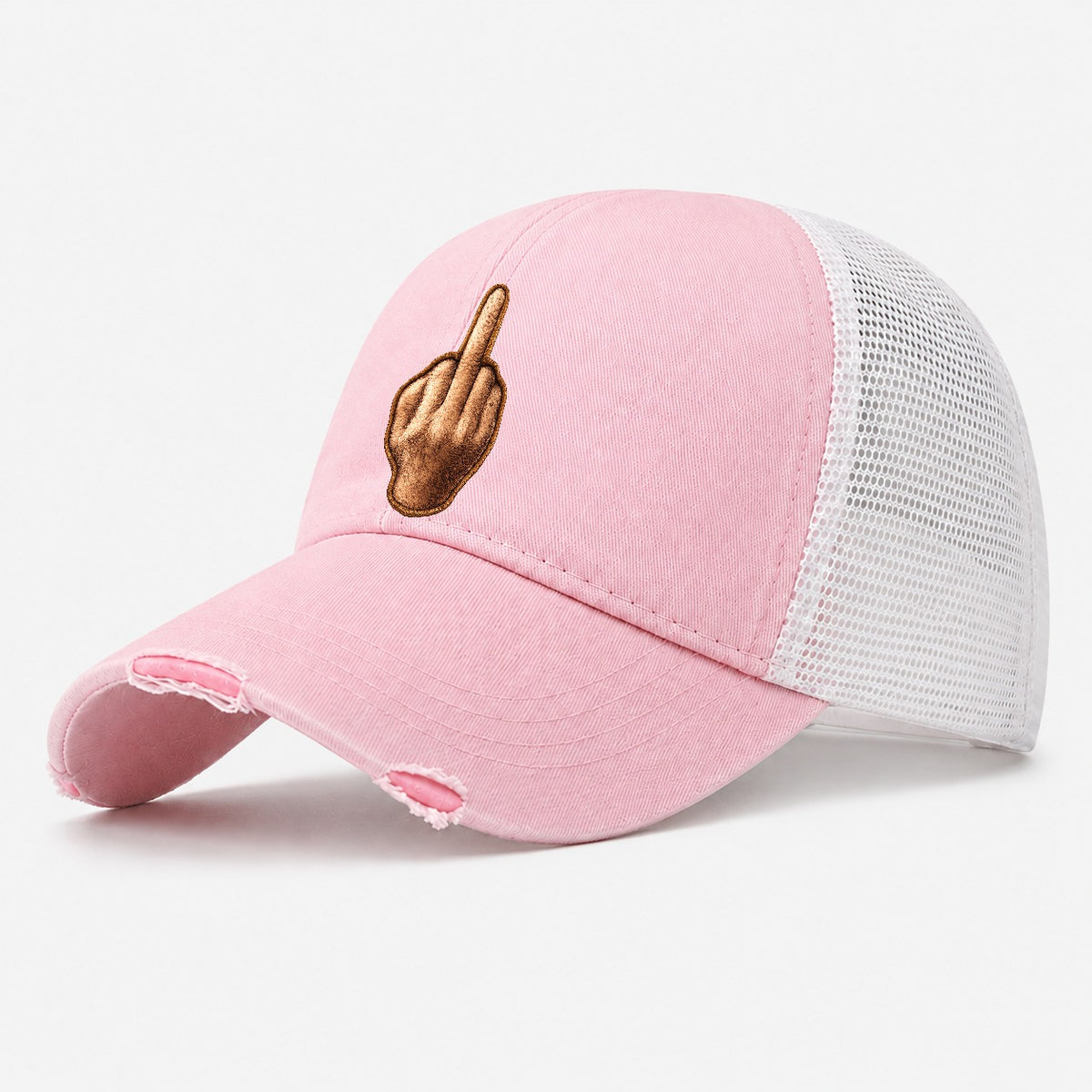 Middle Finger Washed Trucker Hat – Light Pink