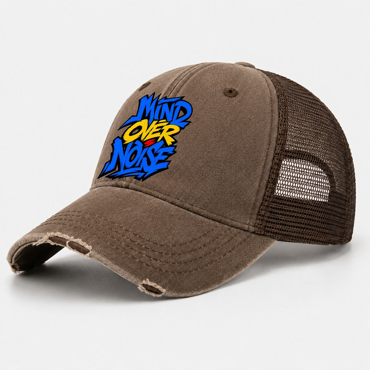 Mind Over Noise Tee Graphic Washed Trucker Hat – Coffee