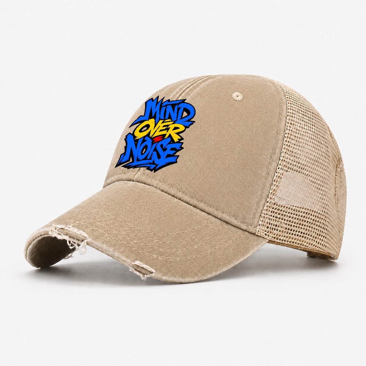 Mind Over Noise Tee Graphic Washed Trucker Hat – Khaki
