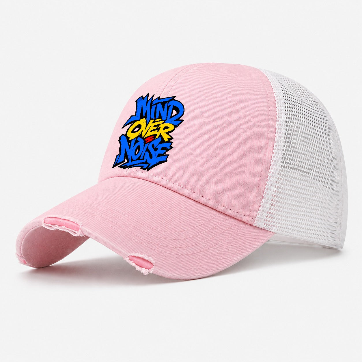 Mind Over Noise Tee Graphic Washed Trucker Hat – Light Pink