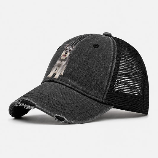 Miniature Schnauzer Standing Top Breeds Washed Trucker Hat – Black
