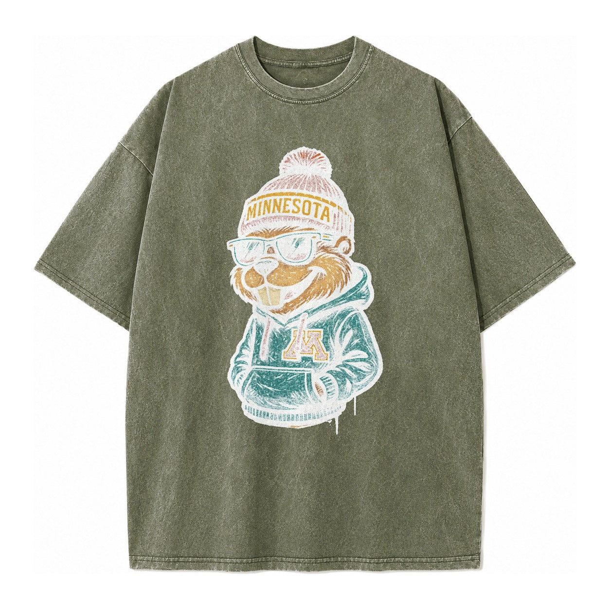 Minneapolis Gopher wearing Minnesota beanie with M patch - Vintage T-shirt – Army Green