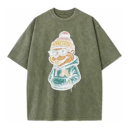 Minneapolis Gopher wearing Minnesota beanie with M patch - Vintage T-shirt – Army Green