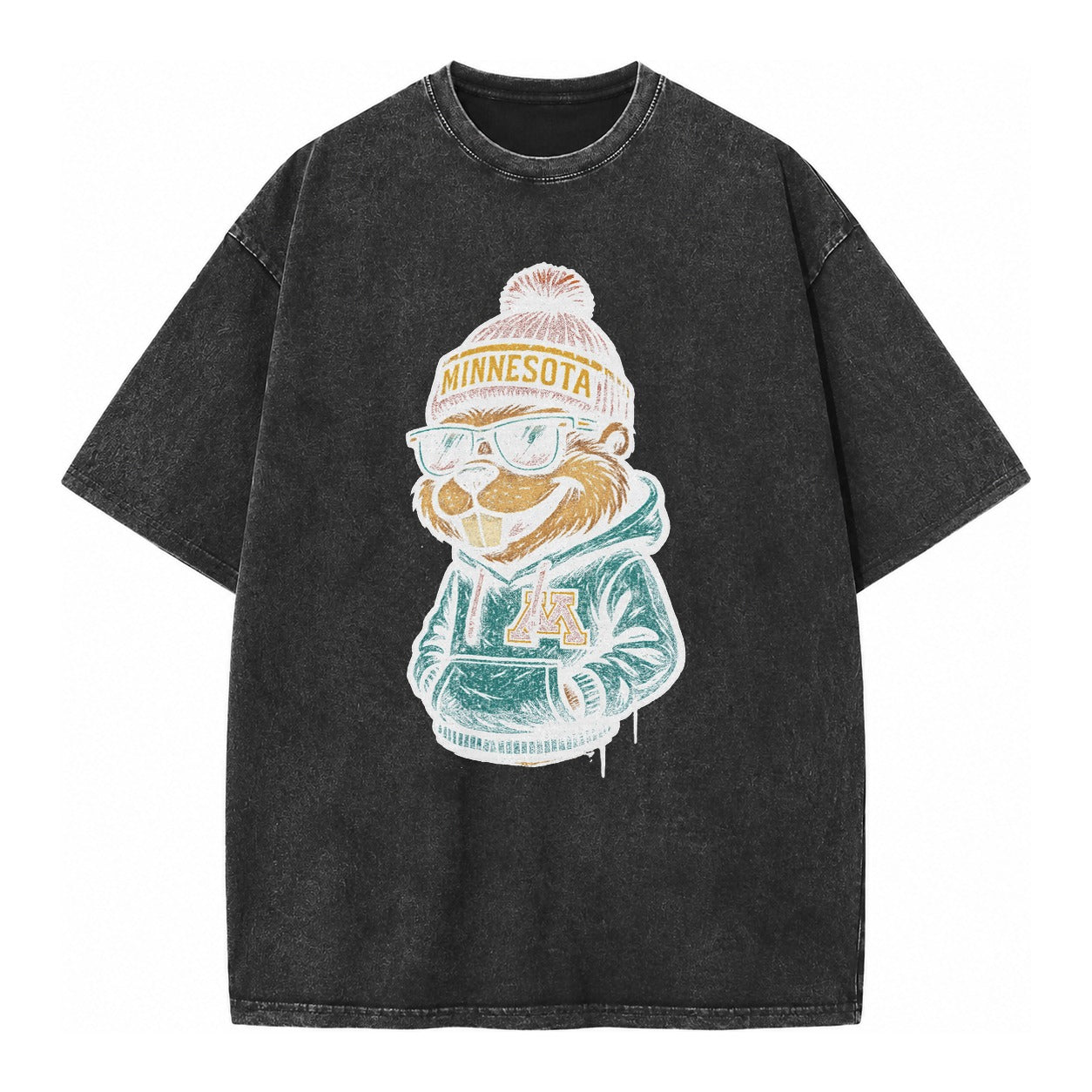 Minneapolis Gopher wearing Minnesota beanie with M patch - Vintage T-shirt – Black