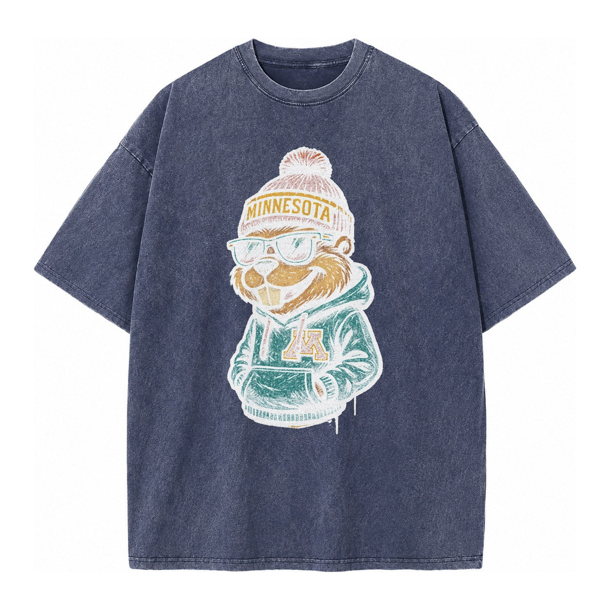 Minneapolis Gopher wearing Minnesota beanie with M patch - Vintage T-shirt – Blue